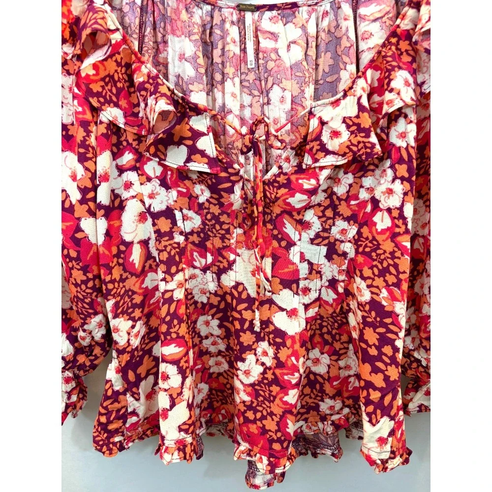 Free People Sweet Memories‎ Pink Multi Floral Print Ruffled Puff Sleeve Top XS